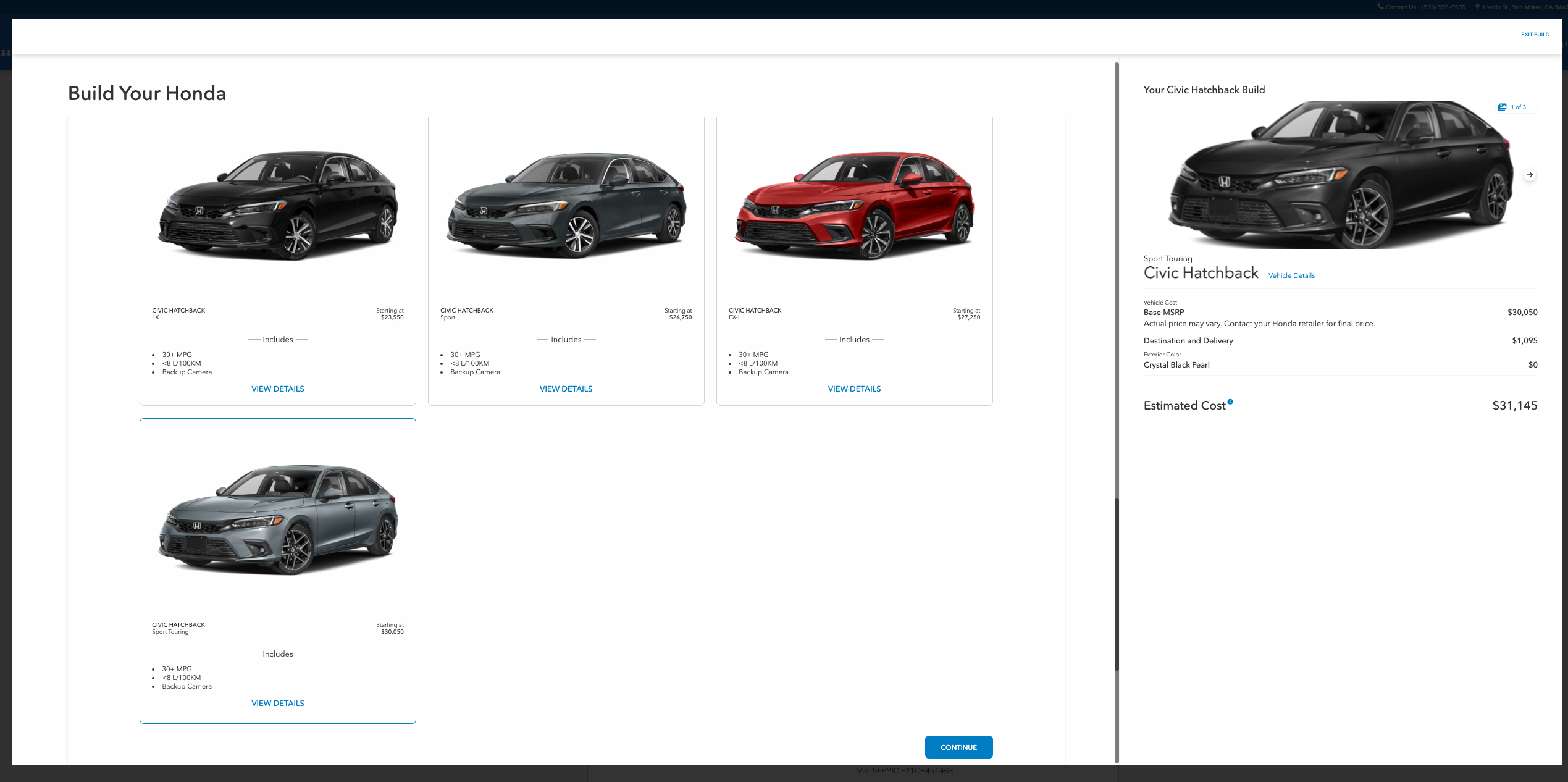 Four Honda trim options are presented at the stage in the build and price process where customers select their make, model, and trim. On the right of the page, an image of the selected vehicle and trim is spotlit.