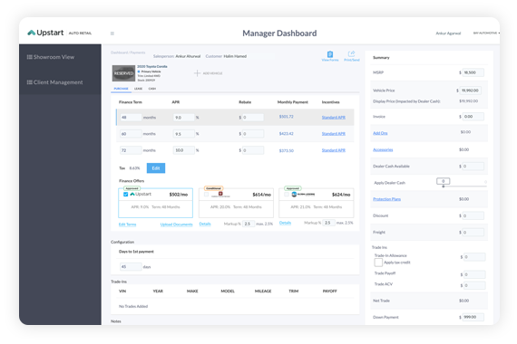 Upstart manager dashboard screenshot