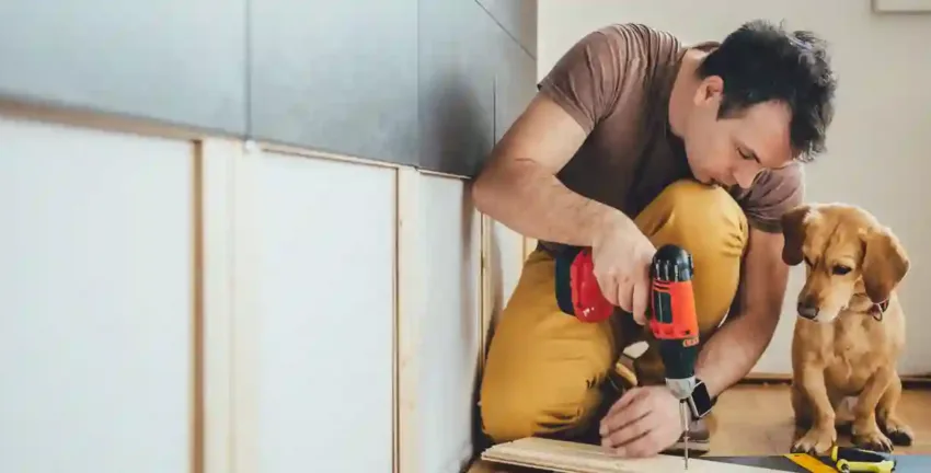 Man doing home improvements with his dog - Upstart Personal Loans