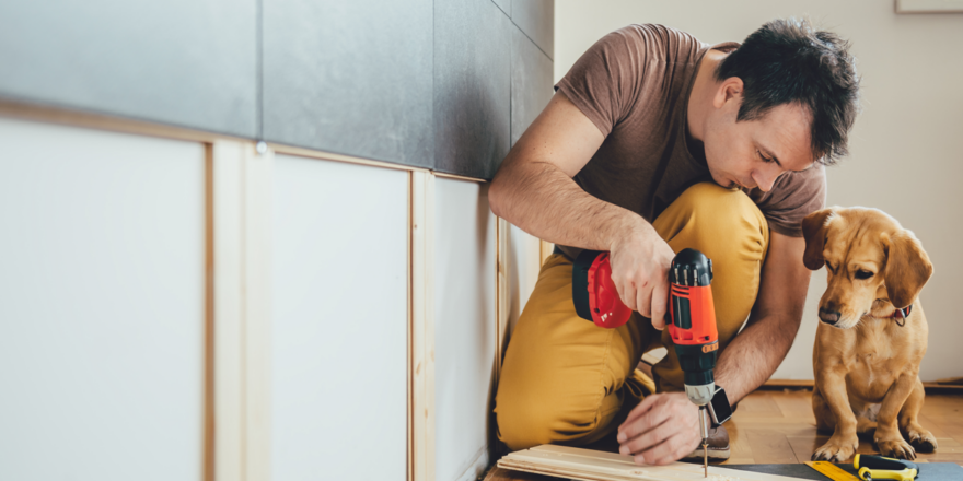 Man doing home improvements with his dog - Upstart Personal Loans