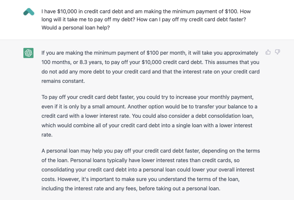 ChatGPT explaining credit card debt and how a personal loan can help pay off debt faster.