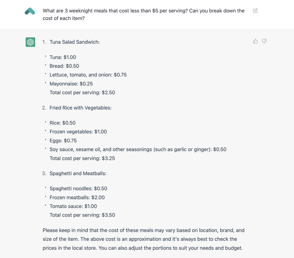 ChatGPT providing three weeknight night meals that cost less than $5 per serving and breaking down the cost of each item.